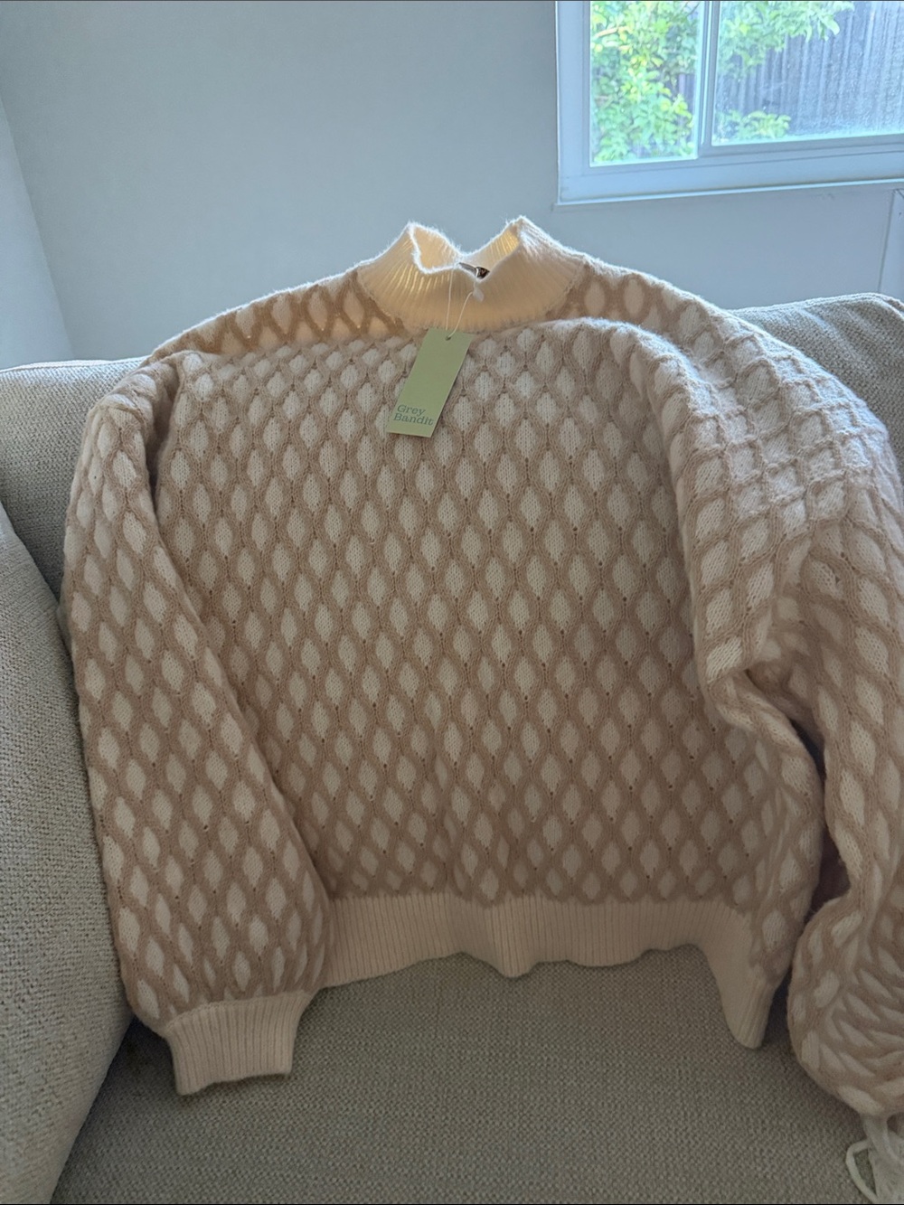 Soft Cream Diamond Cable Mock Neck Sweater